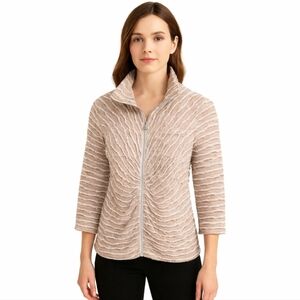 Joseph Ribkoff Tan And White Mesh & Silky Knit Trapeze Jacket Sz 6